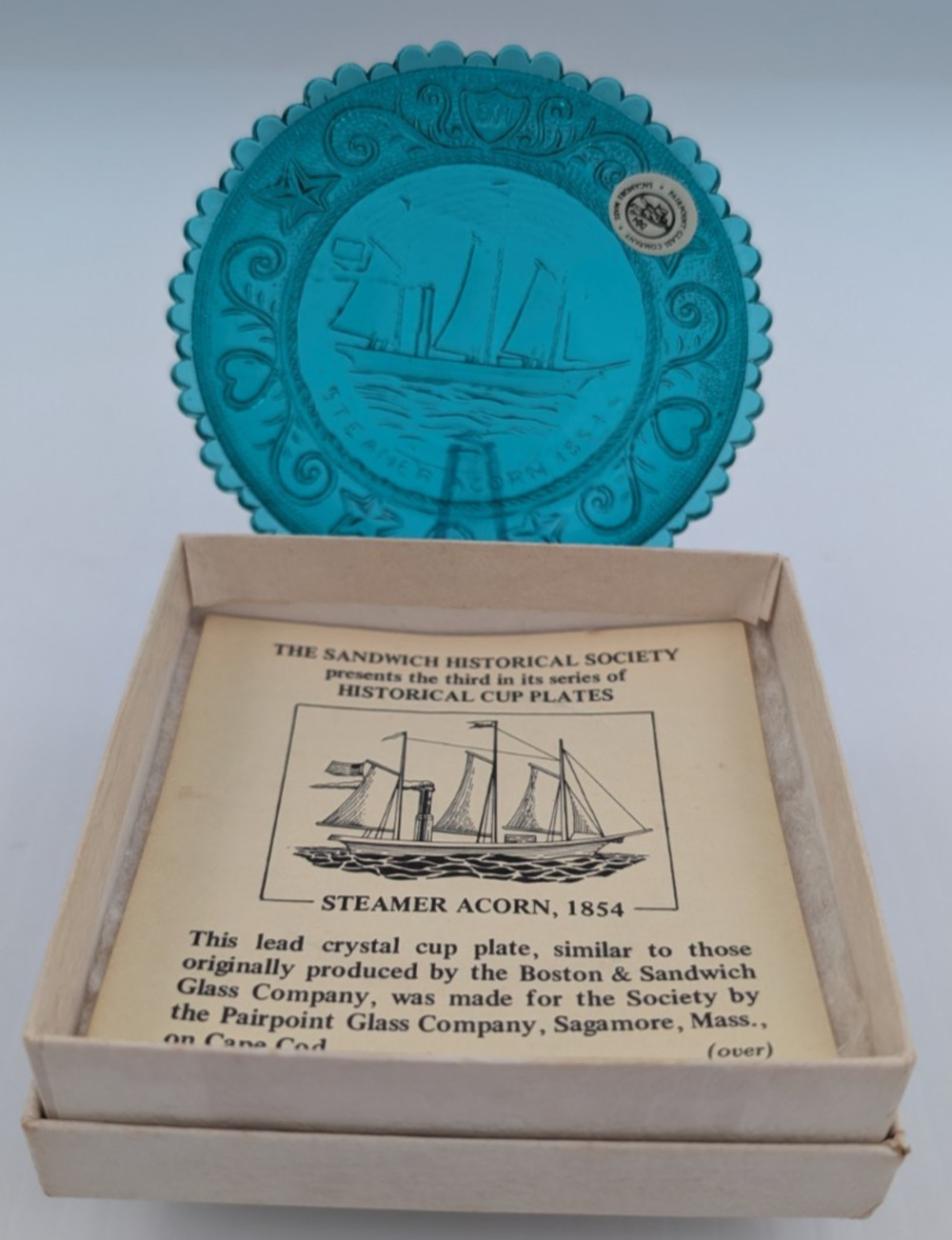 Steamer Acorn Ship Boat Pairpoint Cup Plate Teal Glass Window Decor Vintage